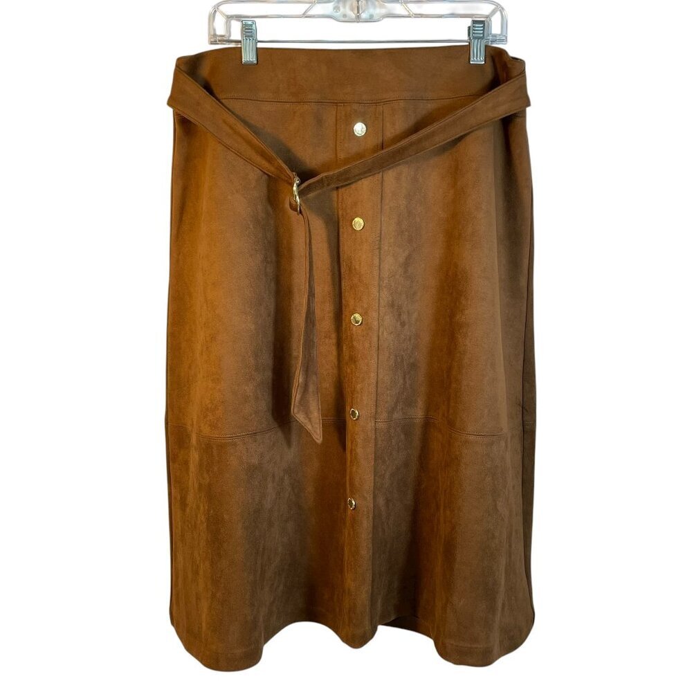 Marc New York Faux Suede Button Front Midi Skirt Brown Belted L - Picture 2 of 11
